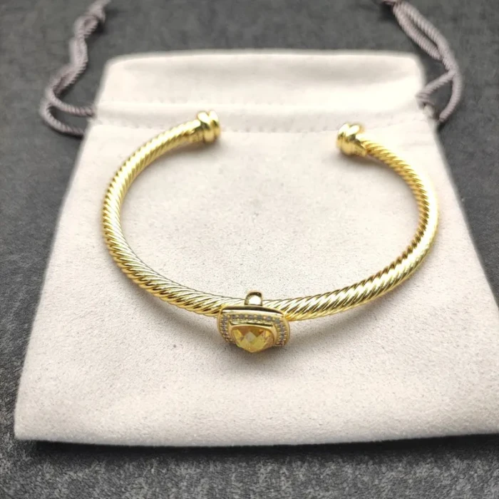 David Yurman Gold Tone 4mm Cable Square Yellow Diamond Cuff Bracelet