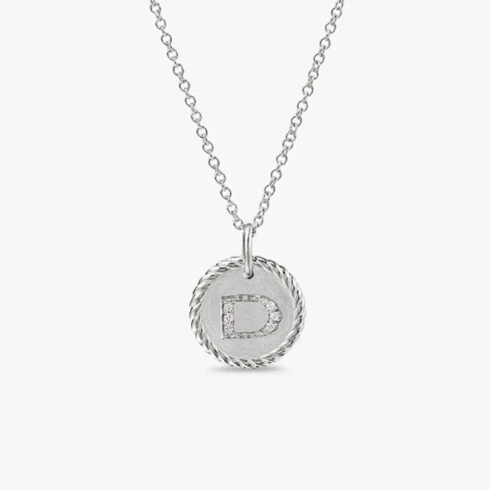 David Yurman Silver Diamond Letter D Round Pendant Necklace, Length 42cm + 3cm + 3cm
