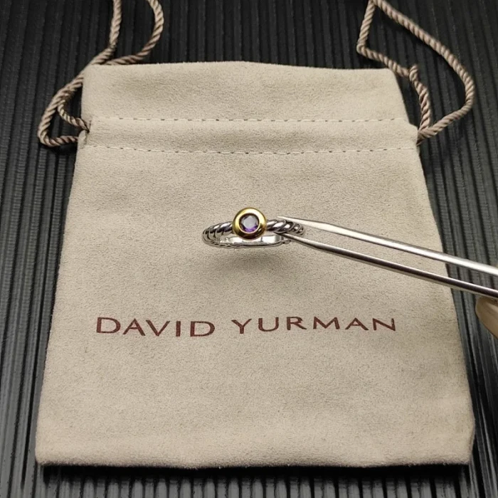 David Yurman Gold and Silver 2.8mm Petite Cable Purple Pavé Diamond Ring