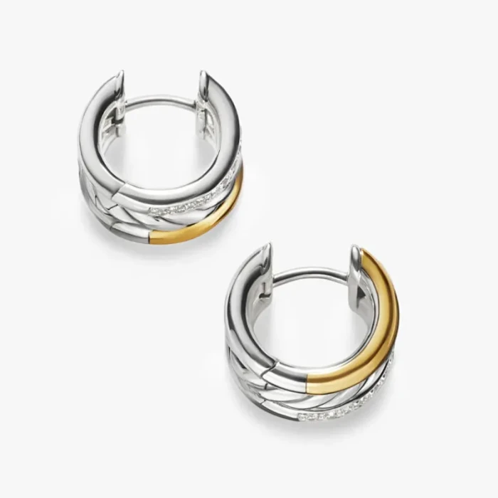 David Yurman Gold and Silver Pavé 14mm Huggie Hoop Earrings