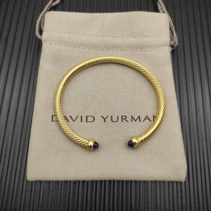 David Yurman 4mm Gold Deep Blue Sapphire Diamond Bangle Bracelet