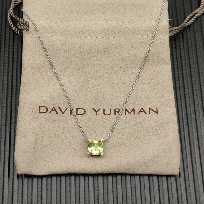 David Yurman Silver 8mm Four-Prong Green Diamond Necklace Adjustable 42+3+3cm