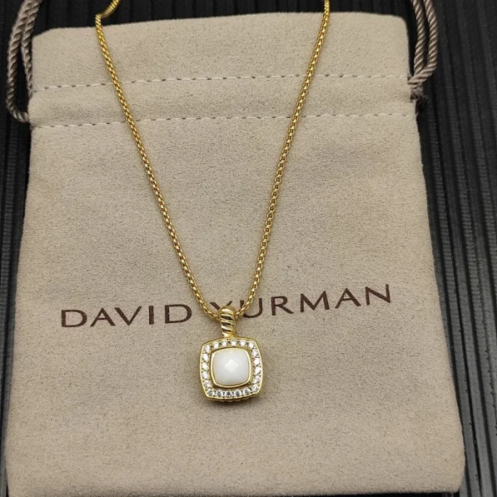 David Yurman Gold Square White Agate Pendant Necklace, 1.5mm Chain, Length 45cm + 5cm