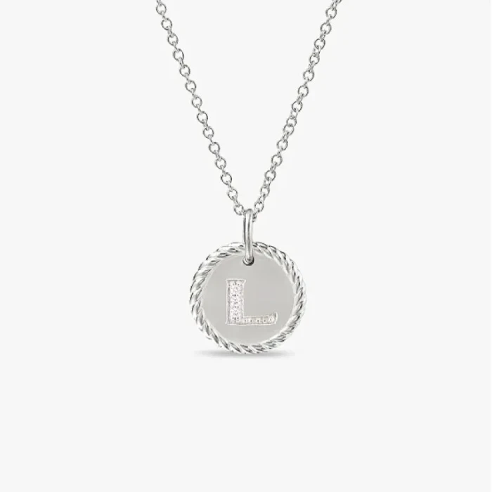 David Yurman Silver Diamond Letter L Round Pendant Necklace, Length 42cm + 3cm + 3cm