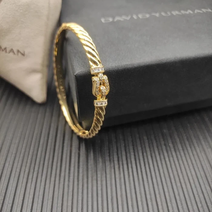 David Yurman 6.2mm Gold Pavé Hook Clasp Engraved Wave Bracelet