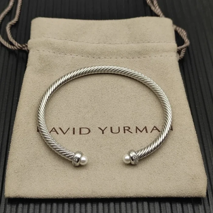 David Yurman 4mm Sterling Silver Pearl Diamond Bangle Bracelet