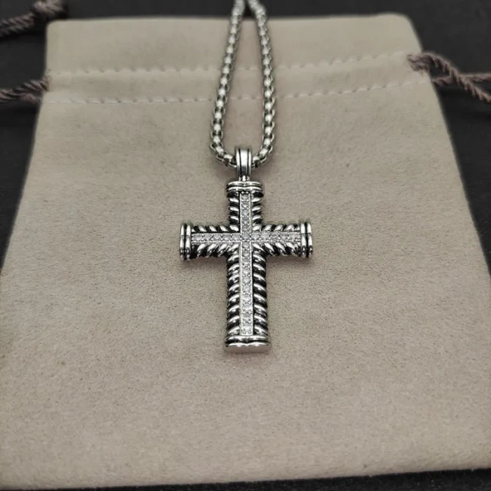 David Yurman Double Twist Cross Pendant Necklace with Black Diamonds, 3mm Chain, Length 50+5cm / 60+5cm