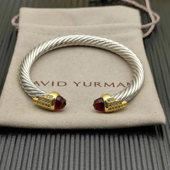 David Yurman 7mm Gold-Tone End Caps Sterling Silver Cable Cuff Bracelet Red Diamonds