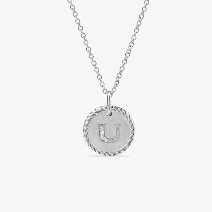 David Yurman Silver Diamond Letter U Round Pendant Necklace, Length 42cm + 3cm + 3cm