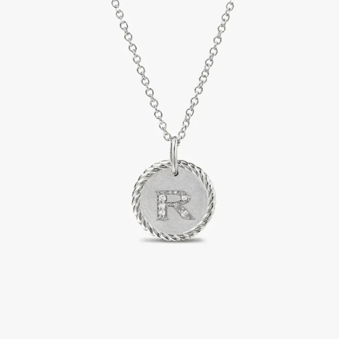 David Yurman Silver Diamond Letter R Round Pendant Necklace, Length 42cm + 3cm + 3cm