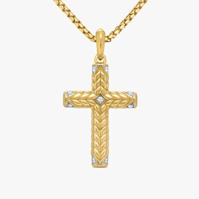 David Yurman Gold Chevron Cross White Diamond Necklace