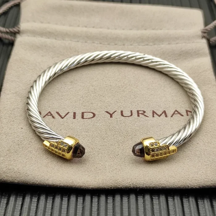 David Yurman 5mm Silver Cable Bracelet with Gold Station and Five-Row Pavé Purple Diamond Accent