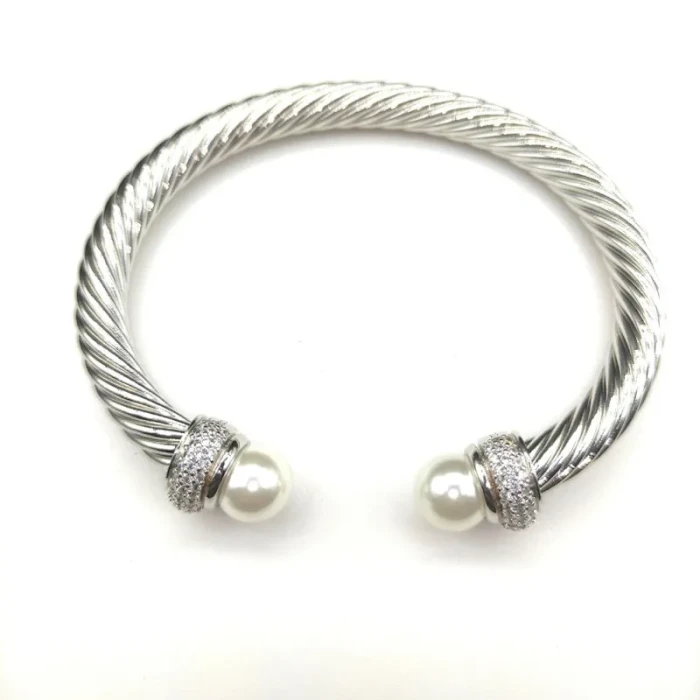 David Yurman 7mm Full Pavé Diamond Pearl Cable Cuff Bracelet