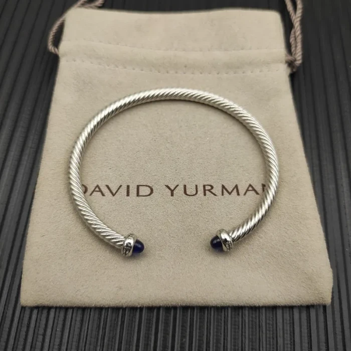 David Yurman 4mm Sterling Silver Deep Blue Sapphire Diamond Bangle Bracelet