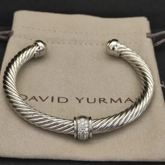 David Yurman 7mm Sterling Silver Cable Cuff Bracelet with Bead End Caps White Diamonds