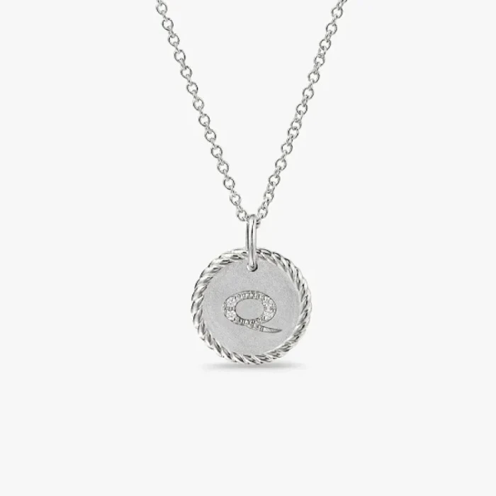 David Yurman Silver Diamond Letter Q Round Pendant Necklace, Length 42cm + 3cm + 3cm