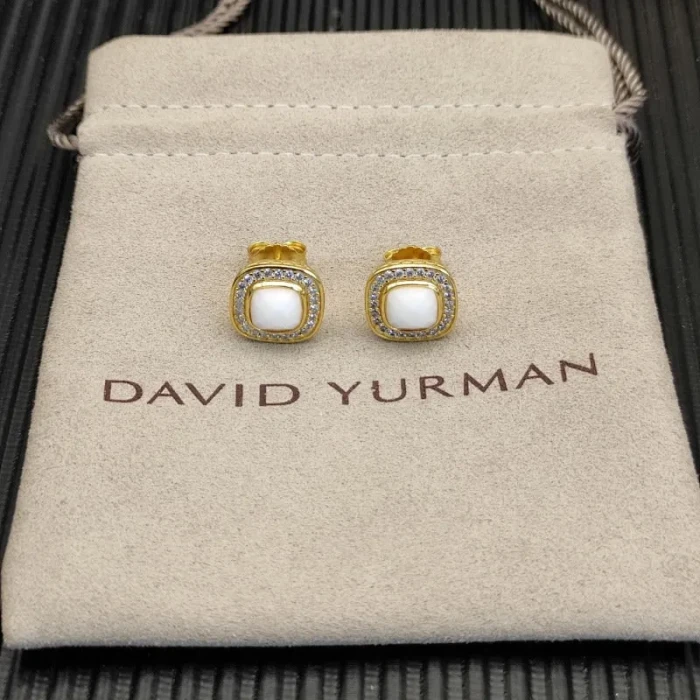 David Yurman 7mm Gold Square White Agate Stud Earrings