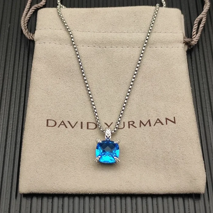 David Yurman Sterling Silver 11mm Four-Prong Blue Diamond Necklace