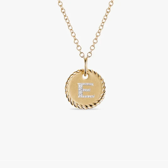 David Yurman Gold Diamond Initial E Disc Pendant Necklace