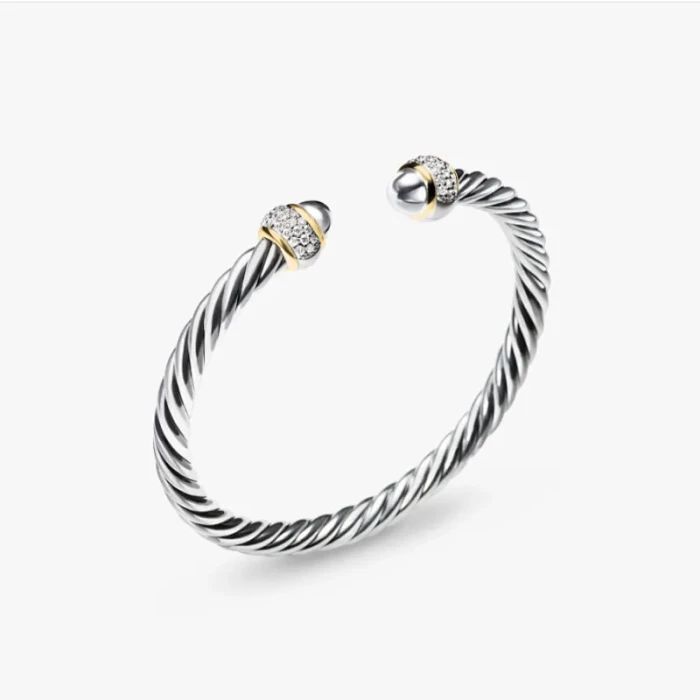 David Yurman 5mm Gold and Silver Pavé Diamond Round Cuff Bracelet, Fits Wrist Size 16cm - 20cm
