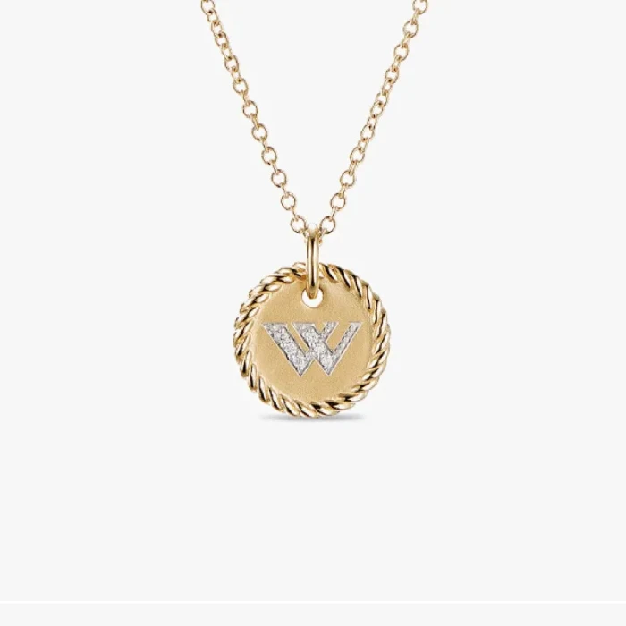 David Yurman Silver Diamond Letter W Round Pendant Necklace, Length 42cm + 3cm + 3cm