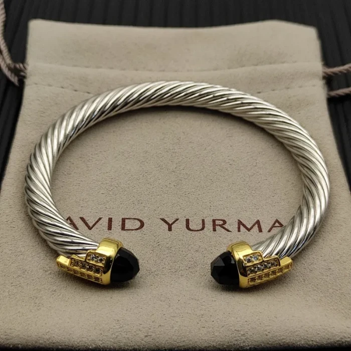 David Yurman 7mm Gold-Tone End Caps Sterling Silver Cable Cuff Bracelet Black Diamonds