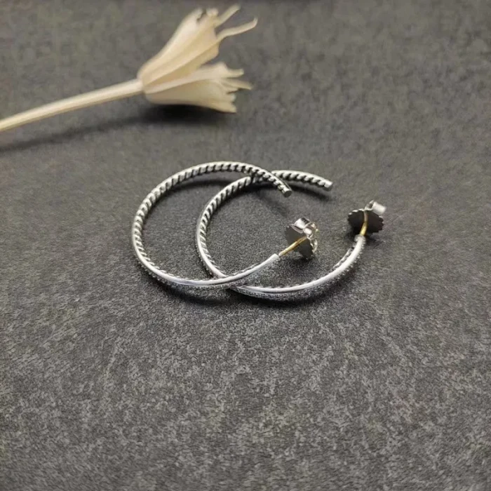 David Yurman Silver Cable Single Row Diamond Hoop Earrings