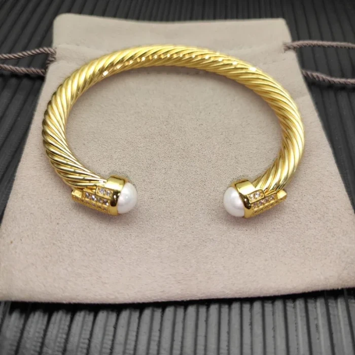 David Yurman 7mm Gold-Tone Cable Cuff Bracelet 5-Row Pavé with Pearls