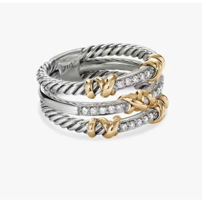 David Yurman Gold and Silver Three-Row Diamond Border Ring