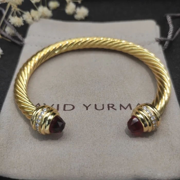David Yurman 7mm Gold Cable Cuff Bracelet with Red Diamond End Caps and Inlay