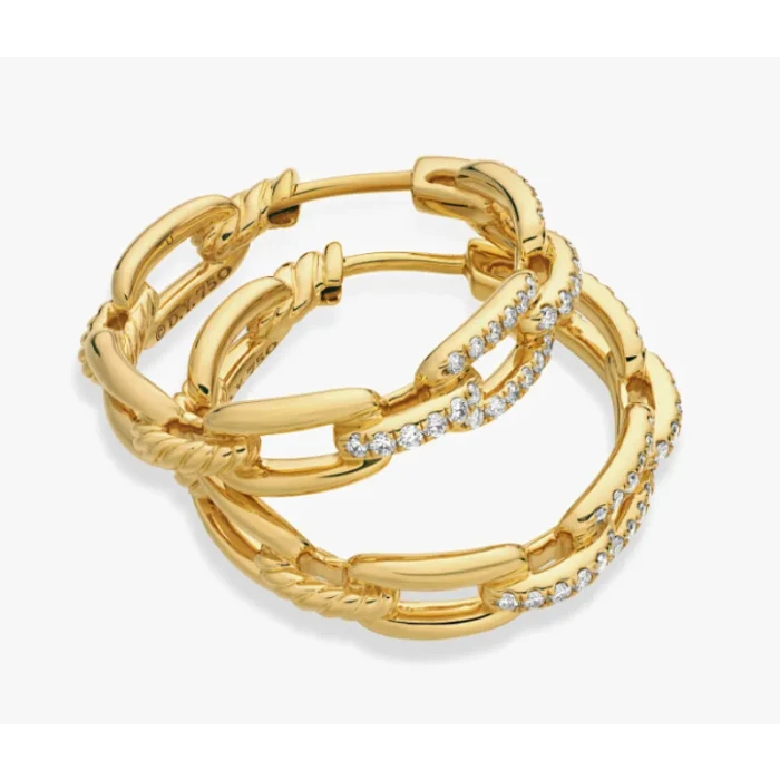 David Yurman 24x5mm Gold Diamond Pavé Link Hoop Earrings