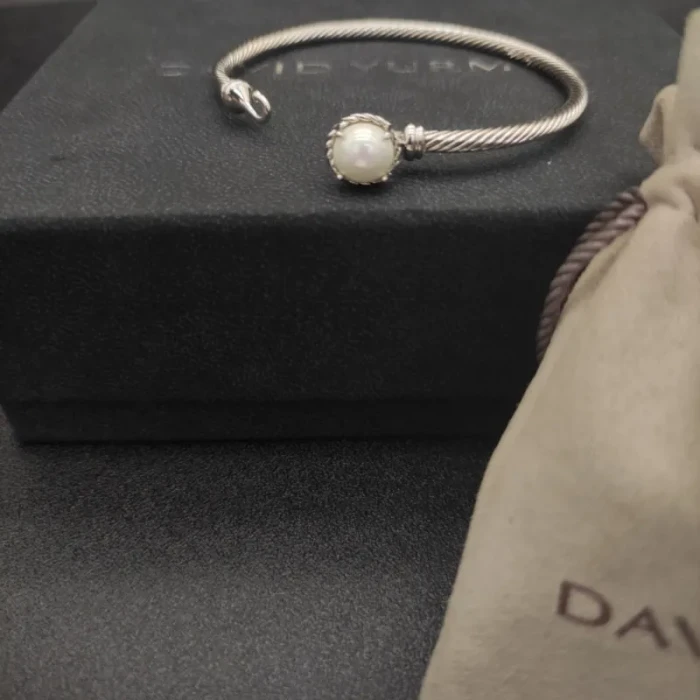 David Yurman Silver 3mm Pearl Cable Cuff Bracelet