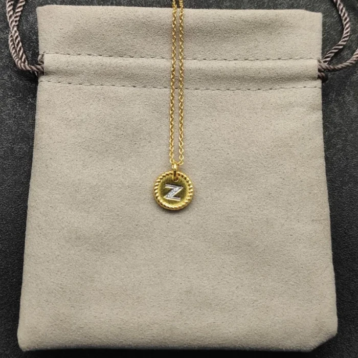 David Yurman Gold Diamond Initial Z Disc Pendant Necklace