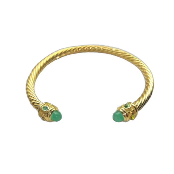 David Yurman 5mm Gold Angled Green Chalcedony Cuff Bracelet, Fits Wrist Size 16cm - 20cm
