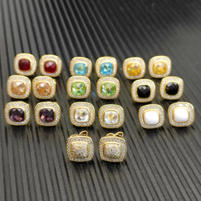 David Yurman 7mm Gold Square Green Diamond Stud Earrings