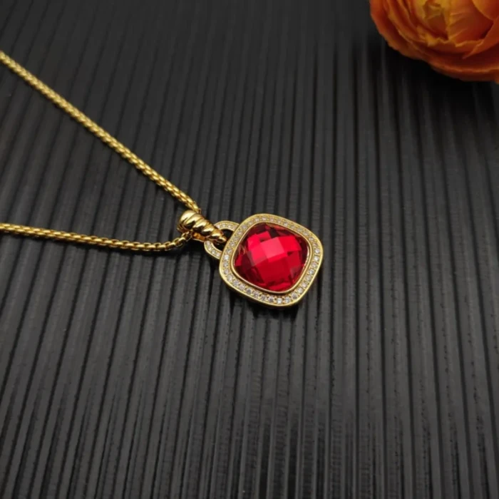 David Yurman Gold 14mm Square Red Diamond Necklace