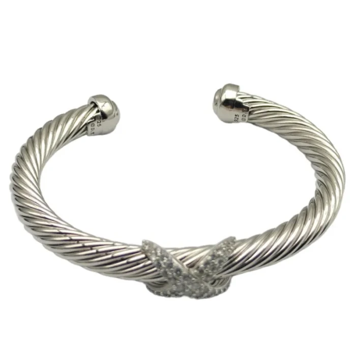 David Yurman Silver 7mm Diamond Single X Cuff Bracelet