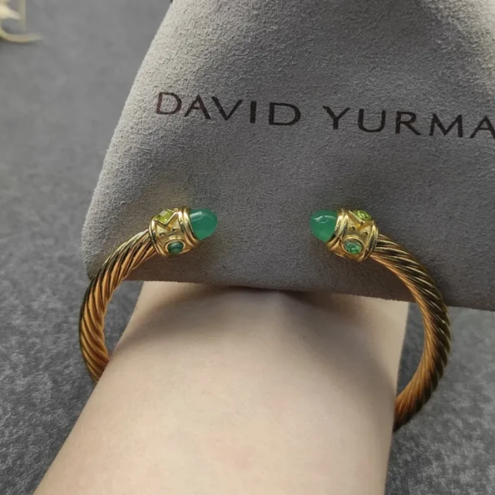 David Yurman 5mm Gold Angled Green Chalcedony Cuff Bracelet, Fits Wrist Size 16cm - 20cm