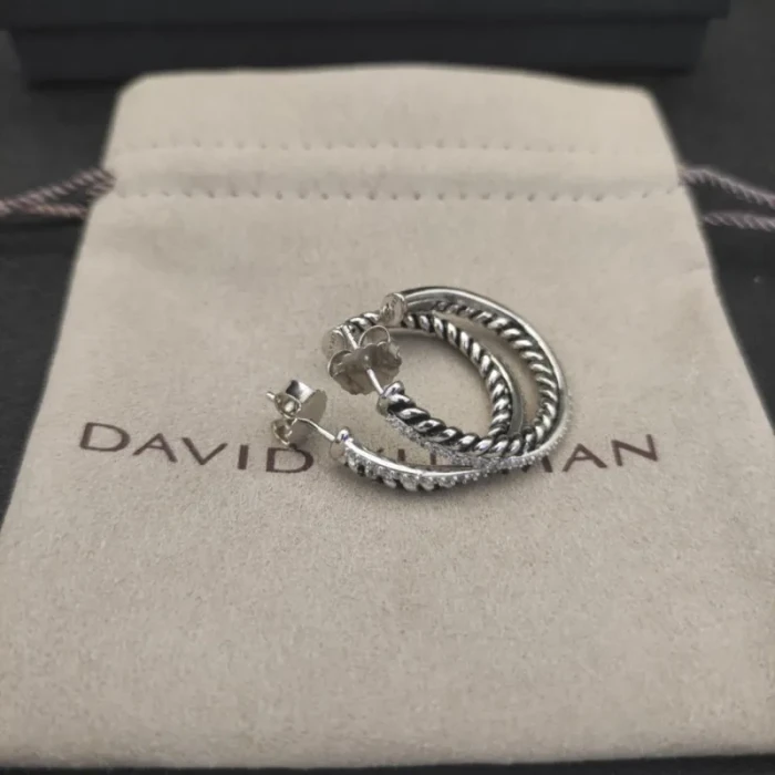 David Yurman Cable Pavé Diamond Silver Hoop Earrings