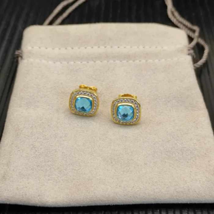 David Yurman 7mm Gold Square Blue Diamond Stud Earrings
