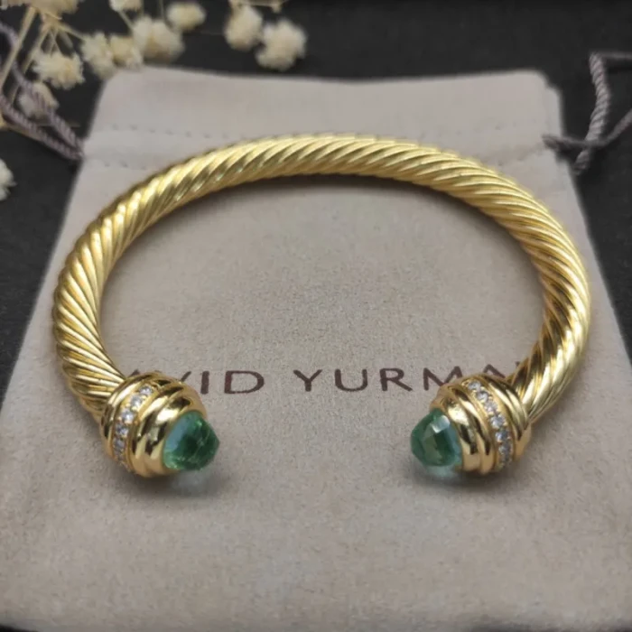 David Yurman 7mm Gold Cable Cuff Bracelet with Blue Diamond End Caps and Inlay