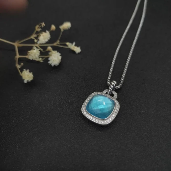 David Yurman 14mm Cushion-Cut Center Stone Necklace with Blue Pavé