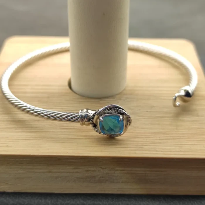 David Yurman 3mm Cable Wire Square Blue Diamond Bangle Bracelet