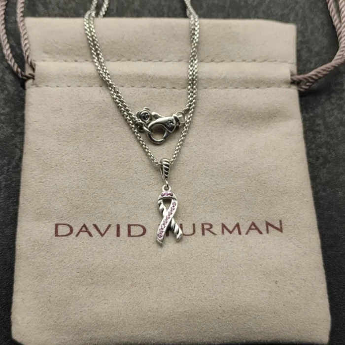 David Yurman Cable Twist Ribbon Pink Diamond Pendant Necklace, Pendant Size 24.4 x 6.7mm, 1.5mm Chain, Length 45cm + 5cm