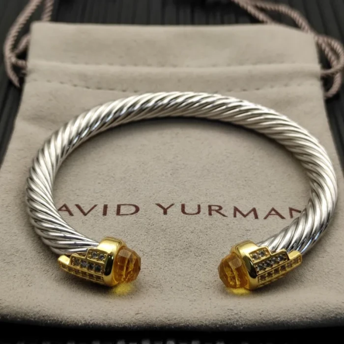 David Yurman 7mm Gold-Tone End Caps Sterling Silver Cable Cuff Bracelet Yellow Diamonds
