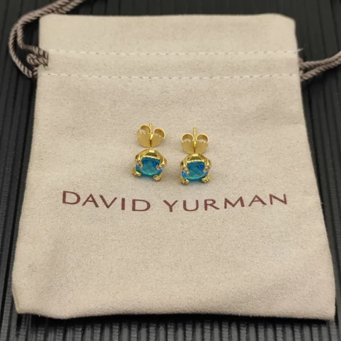 David Yurman 8mm Gold Four-Prong Blue Diamond Stud Earrings