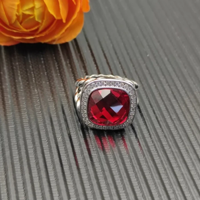 David Yurman Sterling Silver 14mm Square Pavé Red Diamond Ring