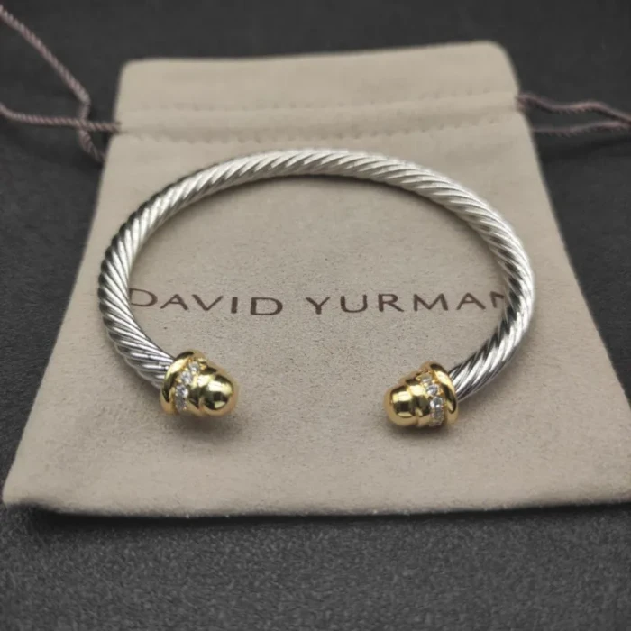 David Yurman 5mm Gold and Silver Cable Cuff Bracelet with Pavé-Set Round End Caps