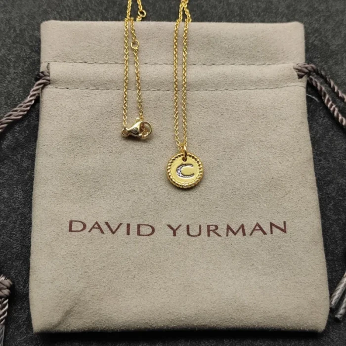 David Yurman Silver Diamond Letter C Round Pendant Necklace, Length 42cm + 3cm + 3cm
