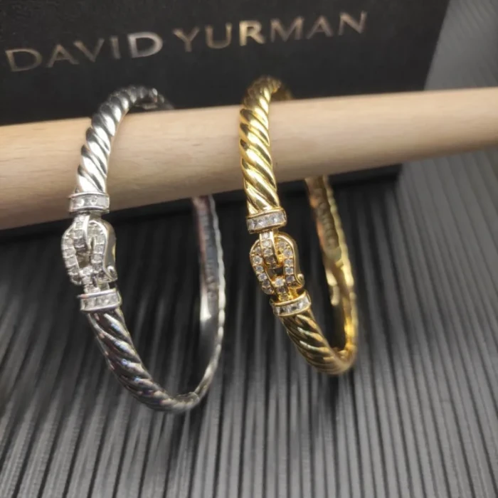 David Yurman 6.2mm Silver Pavé Hook Clasp Engraved Wave Bracelet